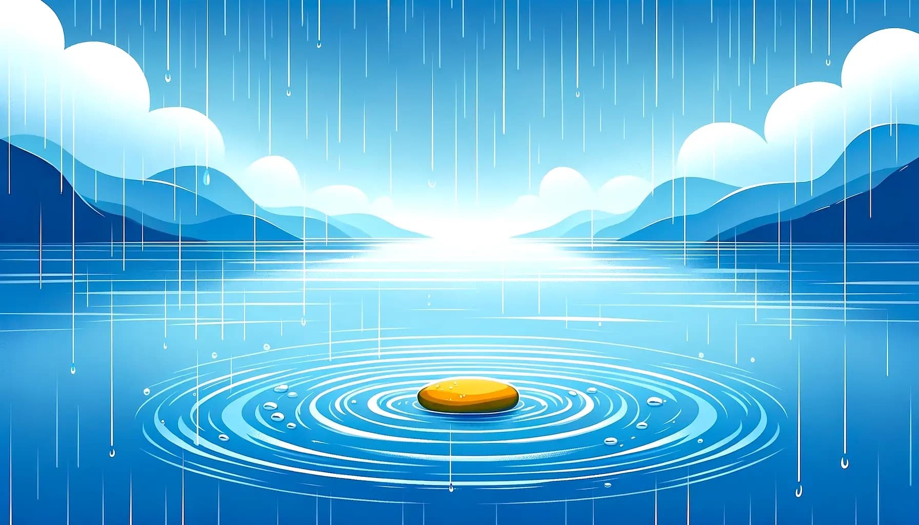 A calm lake with rain and a golden stone creating ripples, against hills and a cloudy sky.